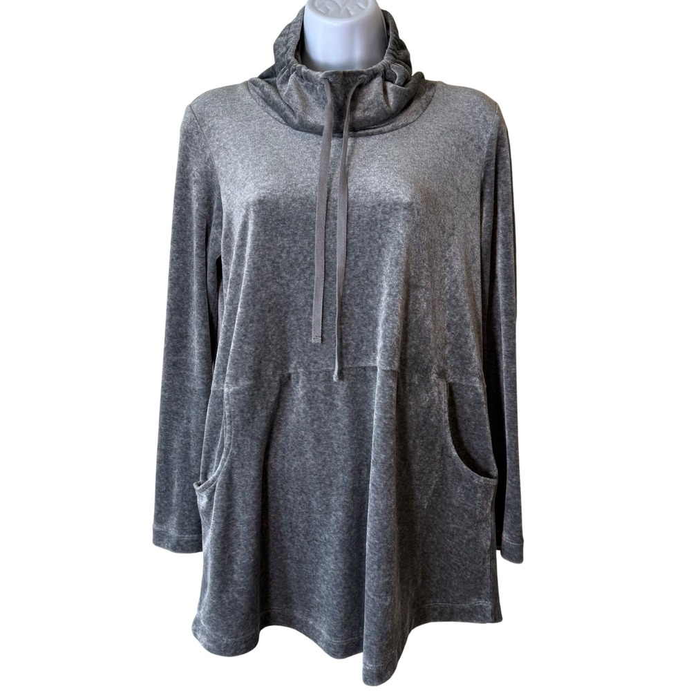 Pure Jill Velour Tunic Funnel Neck Drawstring Pockets Gray Petite Small‎ Cozy